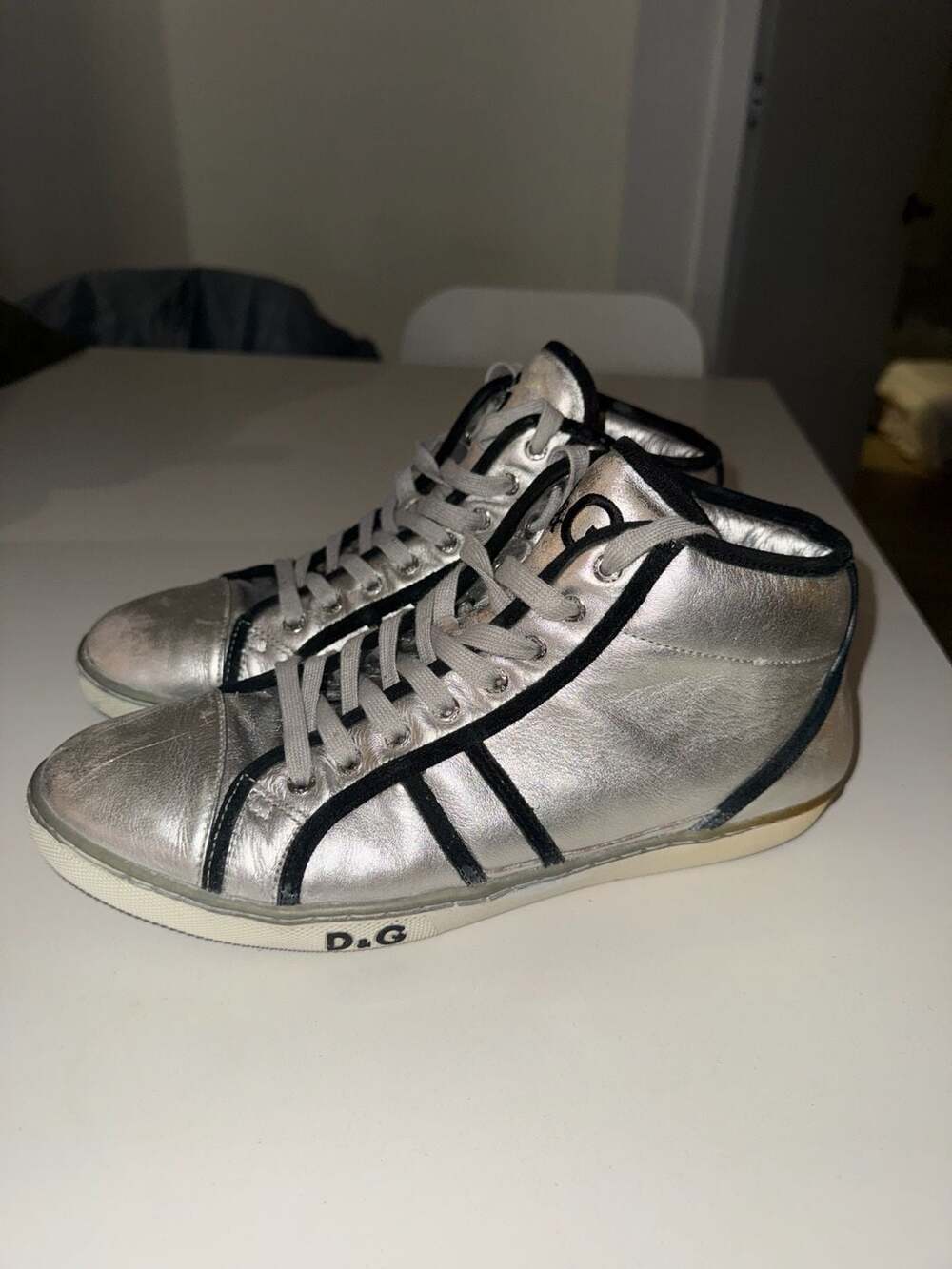 D&G Dolce & Gabbana Vintage Silver Metallic Leather Butterfly High Top Sneakers